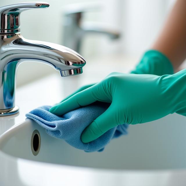 A detailed image of a hand wiping a pristine, polished chrome faucet, emphasizing attention to detail